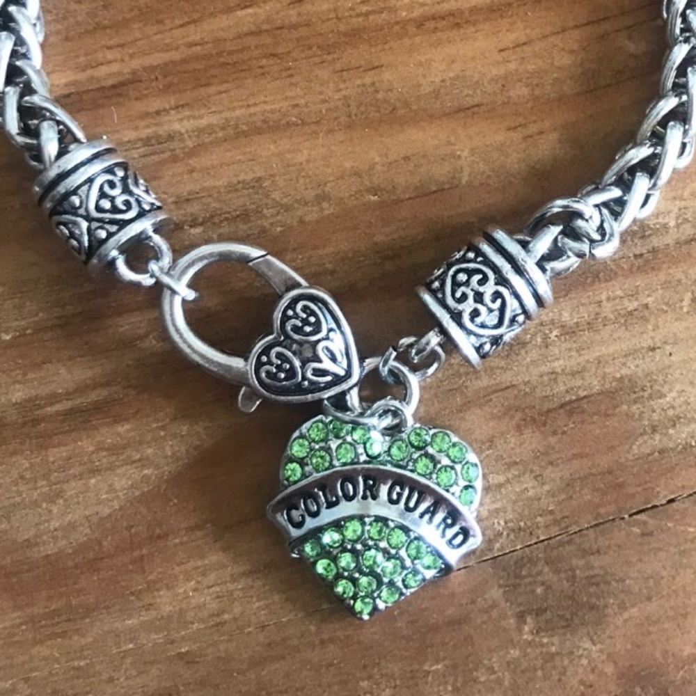 Color Guard Green Rhinestone Heart Rope Bracelet